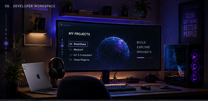 Modern developer workstation with curved monitor, MacBook and gaming PC